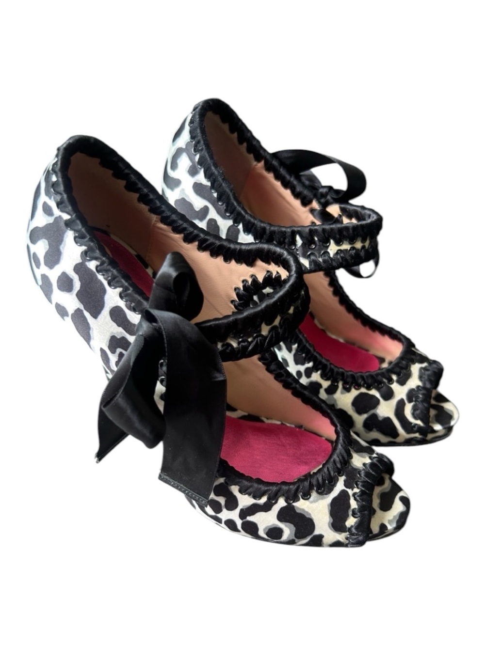 Betsey Johnson Mary Jane Bow Peep Toe Pumps Black White Animal Print Heels Sz 7